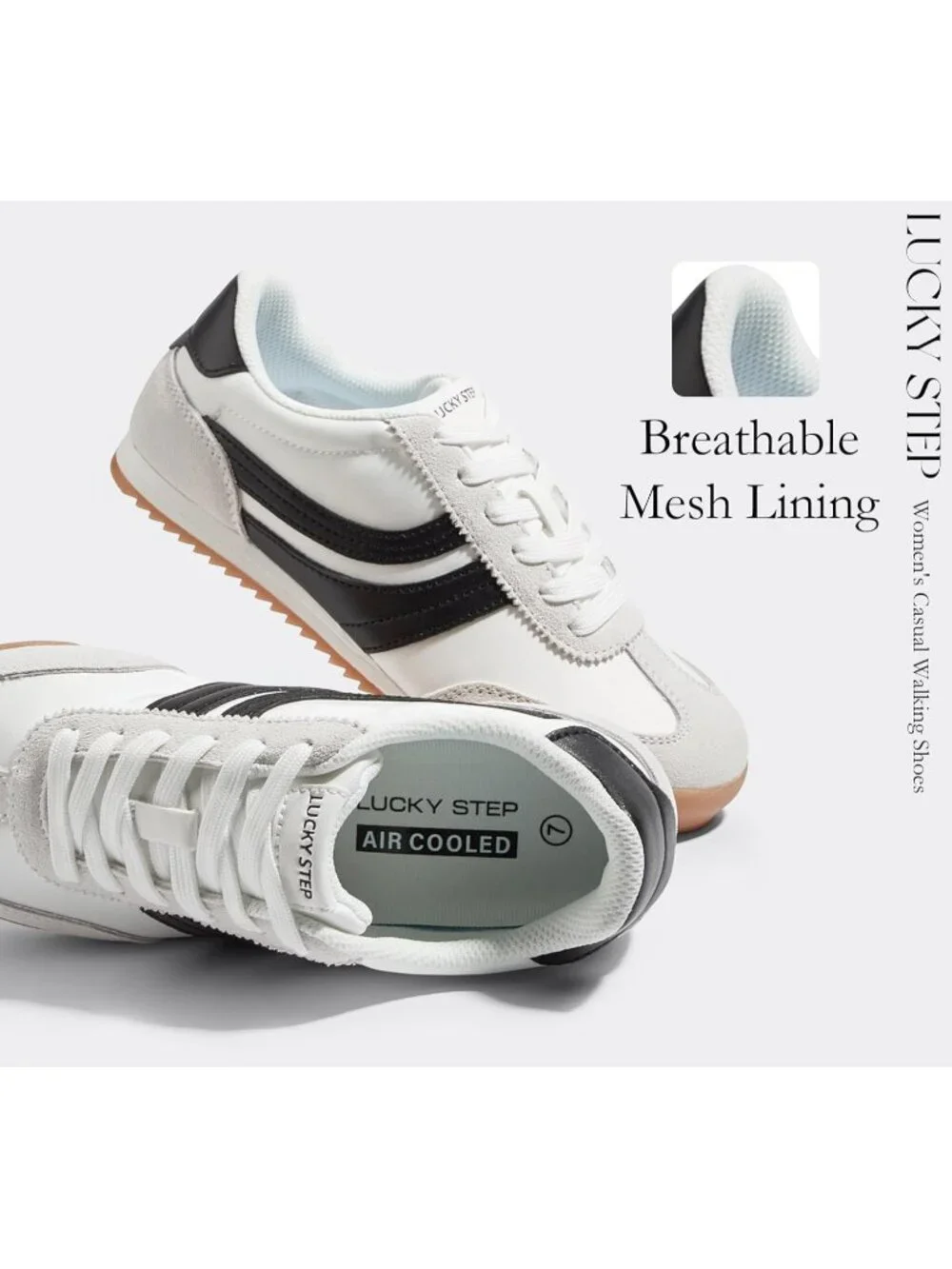 Women's White/Black Lightweight Thin Sole Lace up Anti Slip Retro Sneakers
